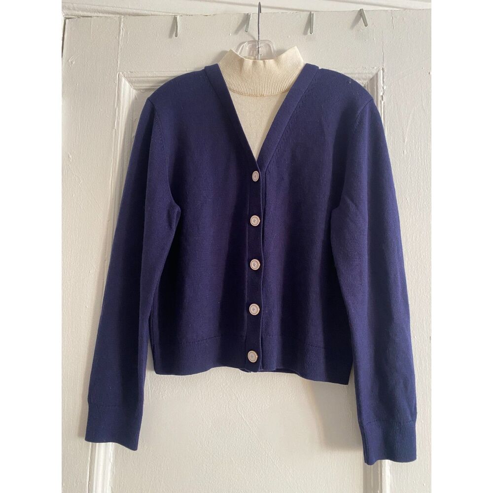 Noir Noir Navy Wool Cardigan with Built-in Cream Mock Neck. Reverse Button Back.